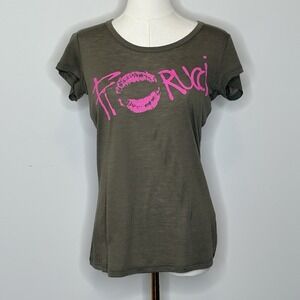 Fiorucci Pink Lips Olive Green Short Sleeve T Shirt Womens Size Small
